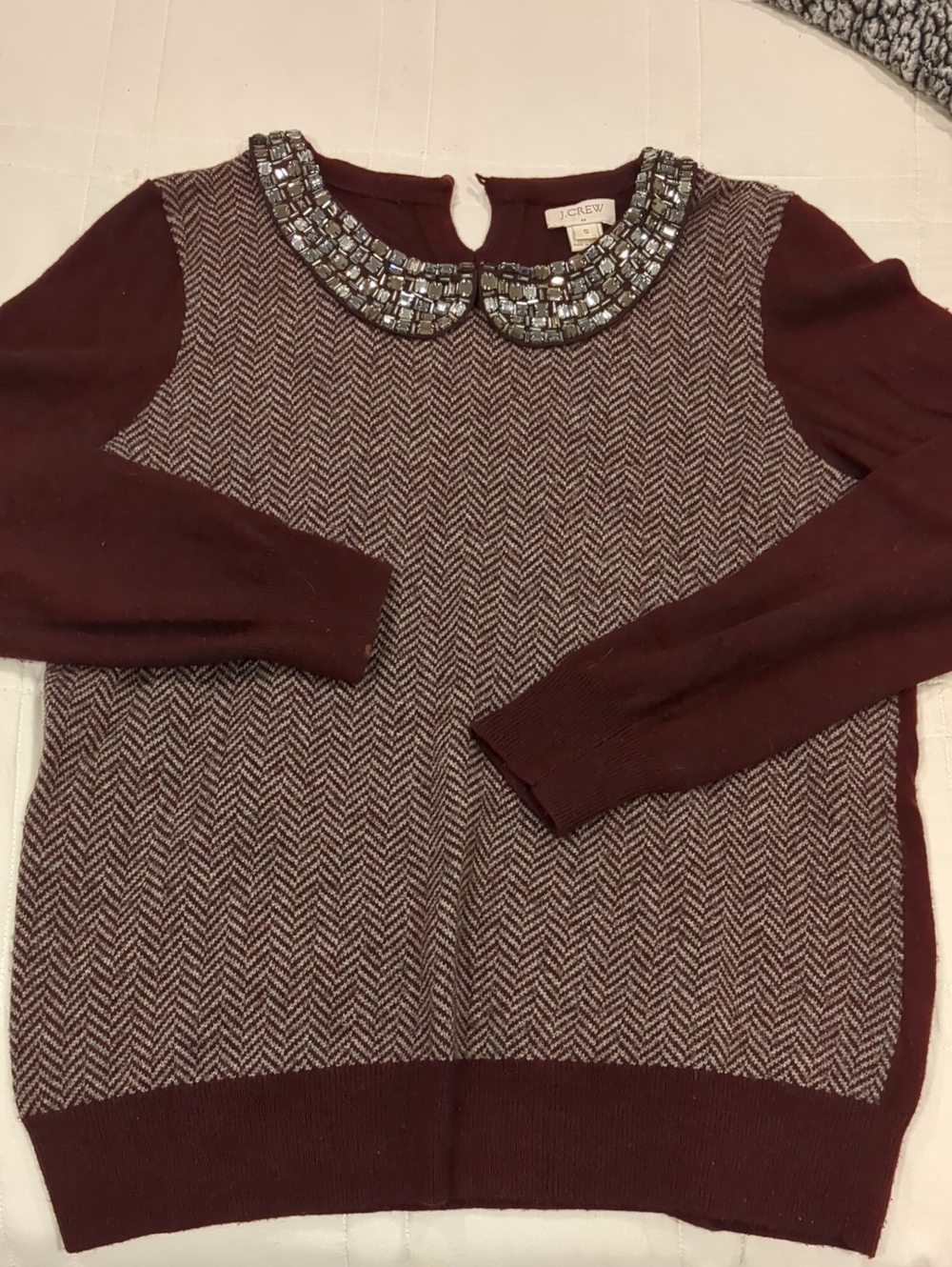 J. Crew Burgundy and Gray Jeweled Peter Pan Collar Sweater